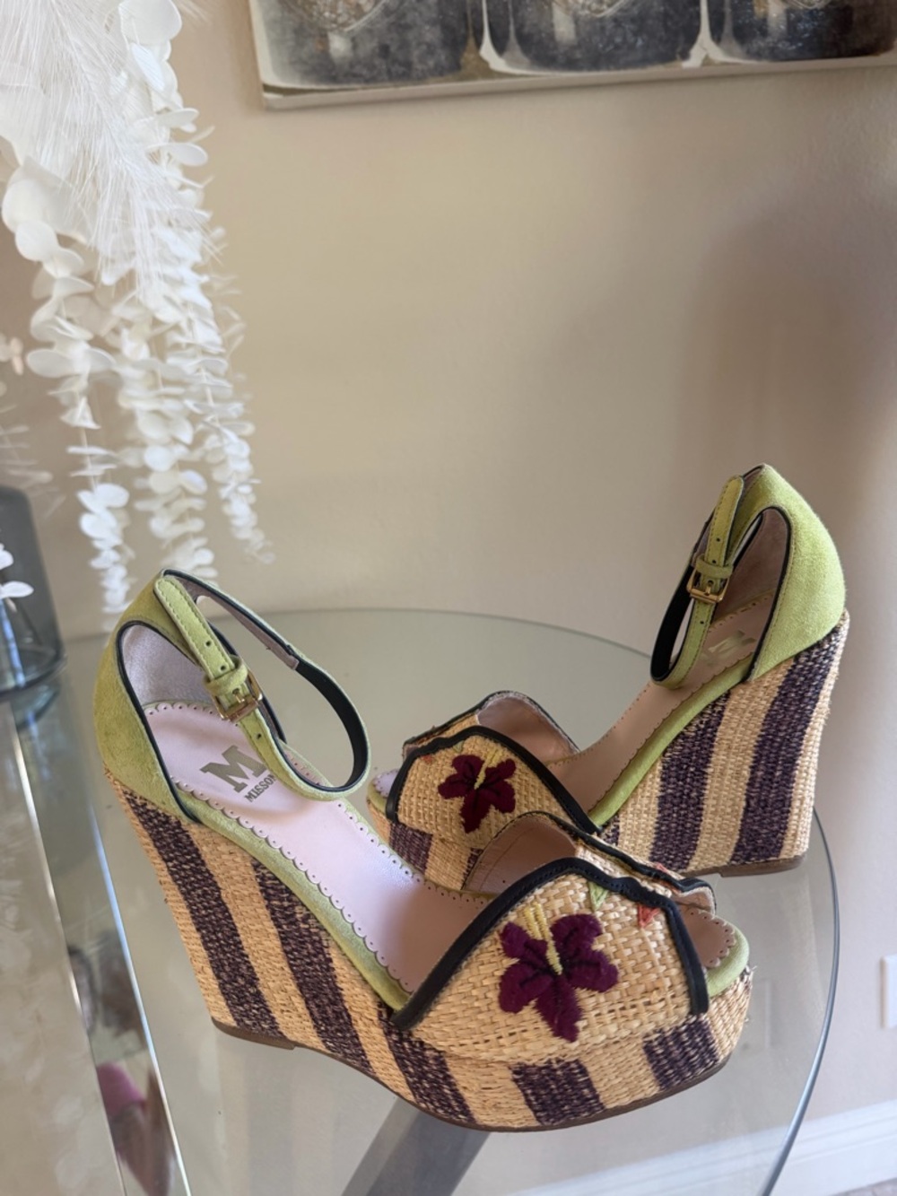 M by Missoni Lime Green Floral Embroidered Straw Wedge Sandals